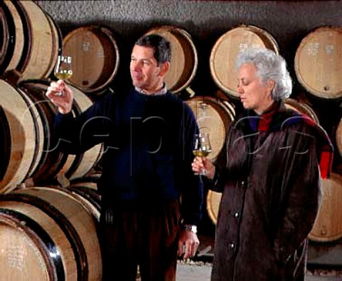 AnneClaude Leflaive and Pierre Morey   matre de chai check on the progress of their wines   in barrel  Domaine Leflaive PulignyMontrachet   Cte dOr France