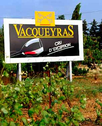 Sign in vineyard at entrance to village of Vacqueyras Vaucluse France     Vacqueyras