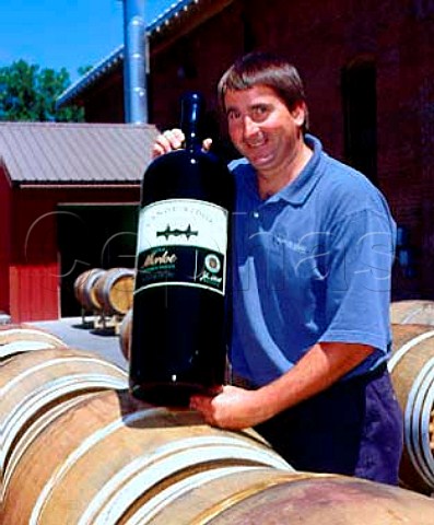 John Abbott winemaker for Canoe Ridge Vineyard    owned by the Chalone Wine Group  with an   18litre bottle of his 1998 Merlot   Walla Walla Washington USA