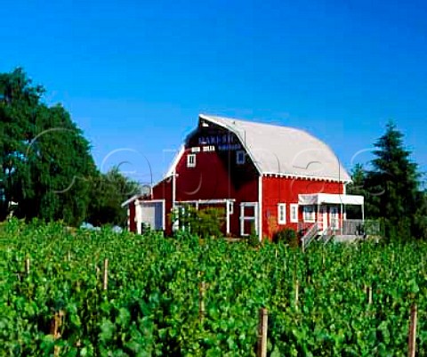 Old wooden barn in Maresh Red Hills Vineyard Dundee Oregon USA Willamette Valley AVA  