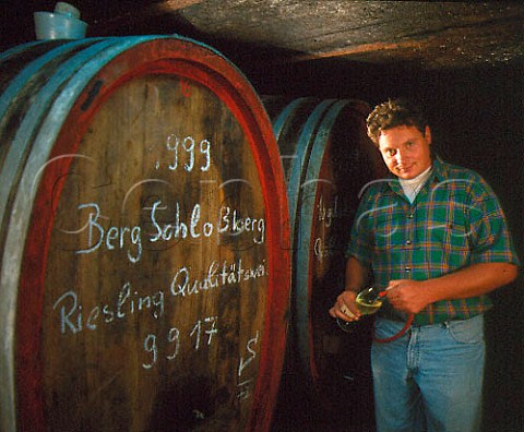 Johannes Leitz of Weingut Josef Leitz tasting wine   from cask in his cellars at Rdesheim Germany    Rheingau