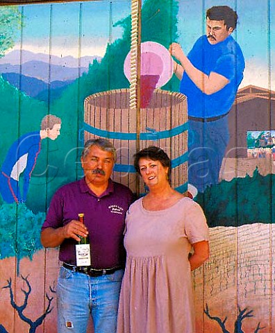 Bob and Sue Brakesman at the entrance to the winery   of Summit Lake Vineyards Angwin Napa Co   California    Howell Mountain AVA