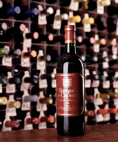 Bottle of 1996  Marqus de Cceres Rioja   in the wine cellar of the Hotel du Vin Bristol
