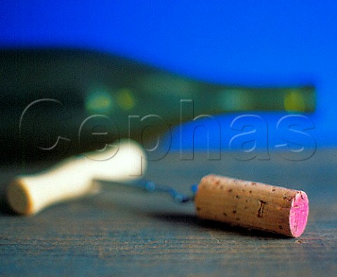 Corkscrew cork and wine bottle