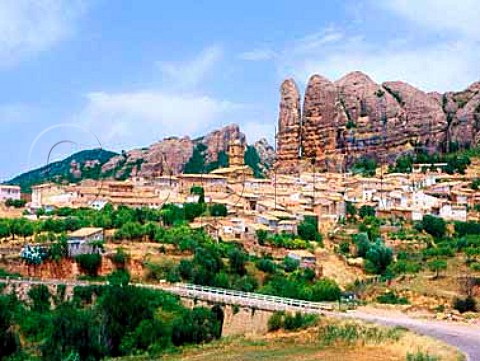 Pillars of eroded pudding stone towering over Agero   village Aragon  Spain