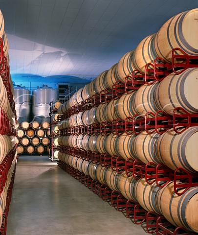 New oak barrels in the cellars of Bodegas Ochoa Olite Navarra Spain