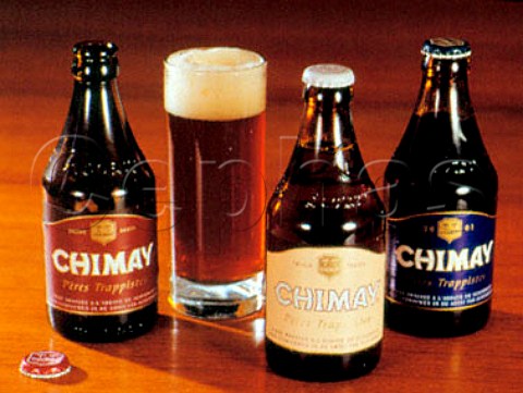 Bottles of Chimay Trappist beer brewed at Abbaye de   NotreDame de Scourmont Forges Belgium   Capsule Rouge 55 vol Capsule Blanch 63   and Capsule Bleue 71