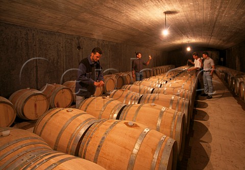Alessandro Franco Roberto  Lorenzo   Cesconi in the barrel cellar of the Cesconi winery  Lavis Trentino Italy