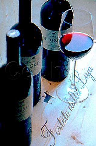 Bottle and glass of Le Grive a blend of   Barbera and Pinot Nero made by Forteto   della Luja Loazzolo Piemonte Italy