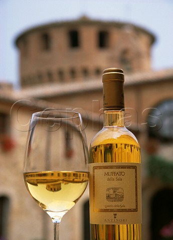 Bottle and glass of Antinori Muffato della Sala at Castello della Sala Sala Umbria Italy