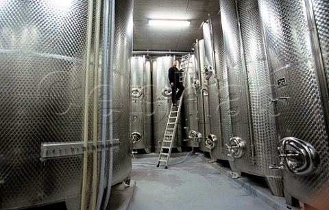Alois Gross with the stainless steel   tanks in his winery   Ratsch Styria Austria  Sdsteiermark