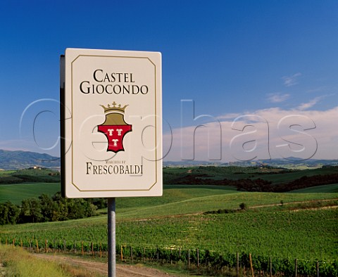 Sign by vineyards on the Castel Giocondo estate of  Frescobaldi Montalcino Tuscany Italy
