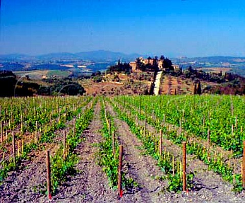Frescobaldis Castel Giocondo viewed over vineyard   near Montalcino Tuscany Italy