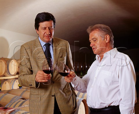 Consultant winemaker Franco Bernabei left with   estate manager Gerhard Hirmer in the barrel chai of   Il Molino di Grace Panzano in Chianti Tuscany   Italy  Chianti Classico