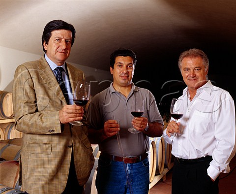 Consultant winemaker Franco Bernabei left   cellarmaster Giovanni Napolitano centre and   estate manager Gerhard Hirmer in the barrel chai of   Il Molino di Grace Panzano in Chianti Tuscany   Italy  Chianti Classico
