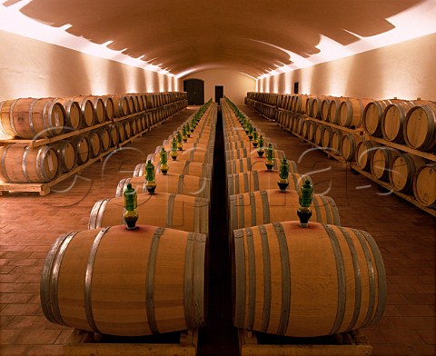 Wine undergoing malolactic fermentation in oak   barriques in chai of Il Molino di Grace   Panzano in Chianti Tuscany Italy    Chianti Classico