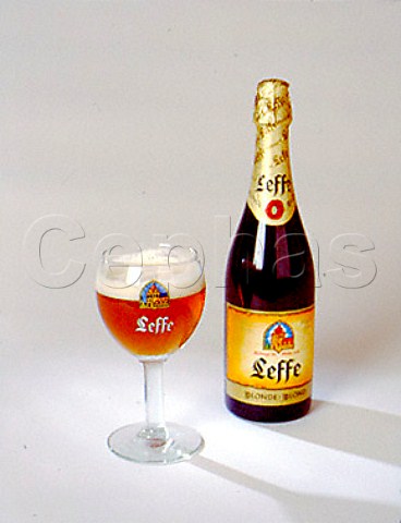 Bottle of Leffe Blonde ale with glass Belgium