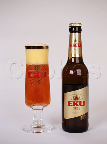 Bottle and glass of Eku 28 beer Kulmbach Germany