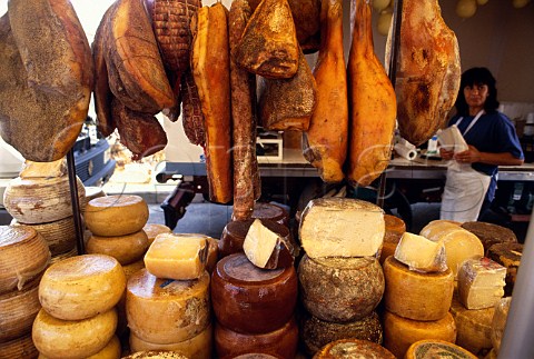 Delicatessen products Pecorino Cheese   and smoked meats in the market at   Santa Teresa Gallura Sardinia Italy