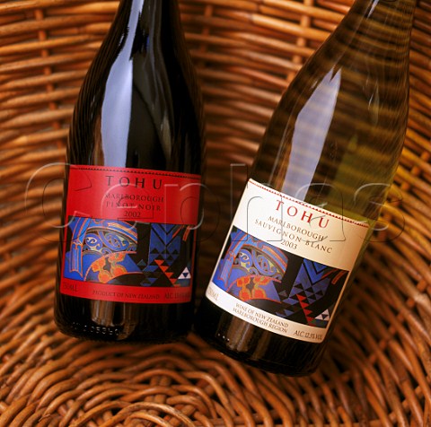 Bottles of Tohu Wines Pinot Noir and Sauvignon   Blanc Tohu are a Maori company  Marlborough New Zealand