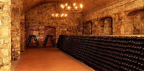 Pupitres of sparkling wine in the cellars of   Guido Berlucchi Borgonato di Cortefranca   Lombardy Italy    Franciacorta