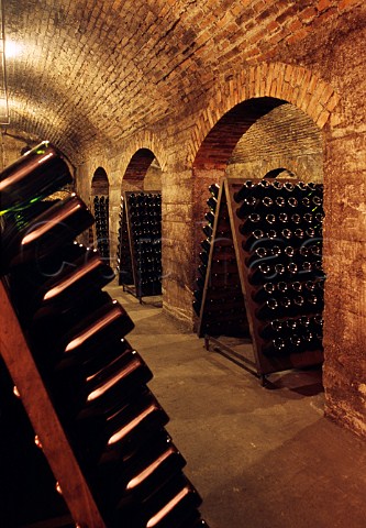 Pupitres of sparkling wine in the    cellars of Guido Berlucchi   Borgonato di Cortefranca Lombardy   Italy    Franciacorta