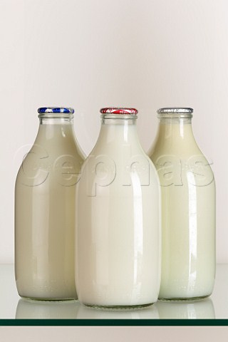 Three bottles of milk skimmed semiskimmed and   fullcream