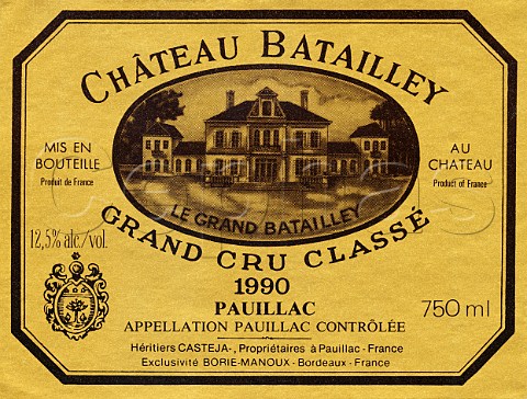 Wine label of Chteau Batailley 1990  Pauillac  Bordeaux