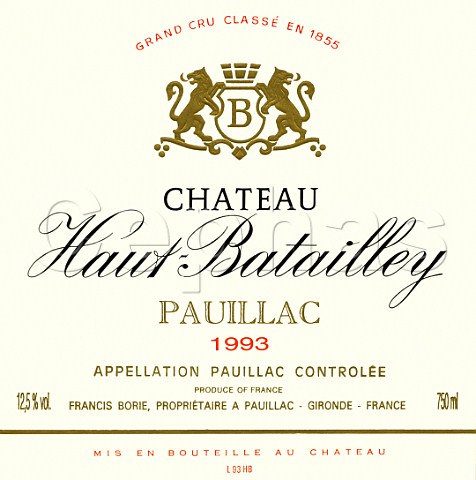 Wine label of Chteau HautBatailley 1993   Pauillac  Bordeaux