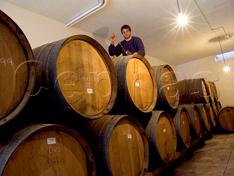 Oenologist Alejandro Diaz Polaino sampling wine in   cellars of Bodegas El Grifo Lanzarote Canary   Islands Spain Lanzarote