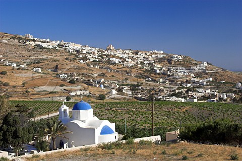 Chapel and vineyards below village of Exo Gonia    Santorini Cyclades Islands Greece