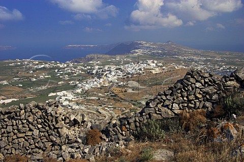 View over village of Pirgos with Fira the island   capital beyond  Santorini Cyclades Islands Greece