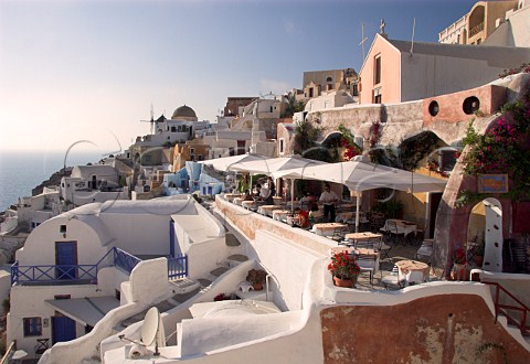 Restaurant terrace in the village of Ia Santorini   Cyclades Islands Greece