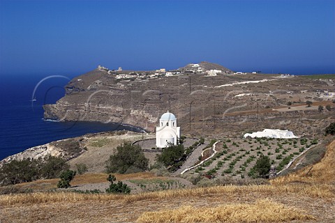 Chapel of Saint Athena and small vineyard above Mesa Pigadia Bay Near Akrotiri Santorini Cyclades Islands Greece