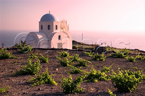 Chapel of Saint Athena and vineyard above Mesa Pigadia Bay Near Akrotiri Santorini Cyclades Islands Greece