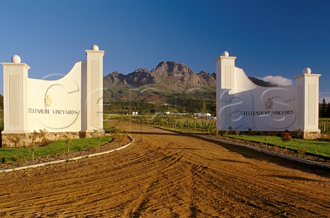 Entrance to Stellenzicht winery with the   Helderberg mountain in distance Stellenbosch South Africa