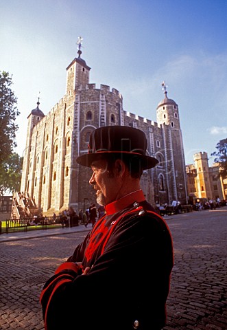 Yeoman of the Guard outside the White Tower of   London UK