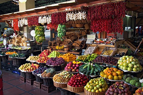 Fruit and vegetable stall at the Mercado dos   Lavradores Funchal Madeira Portugal