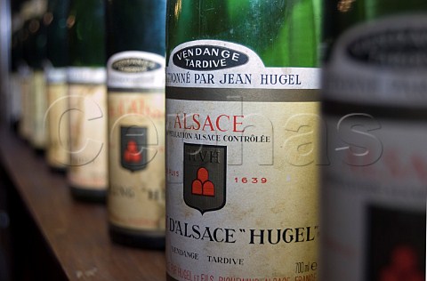 Bottles lined up in the tasting room of Hugel    Fils Riquewihr HautRhin Alsace France