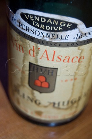 Rustic Hugel wine bottle on display in the tasting   room of Hugel  Fils Riquewihr HautRhin Alsace   France