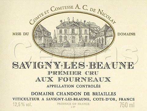 Wine label from bottle of Premier Cru Aux Fourneaux   from  Domaine Chandon de Briailles   SavignylesBeaune Cte dOr France