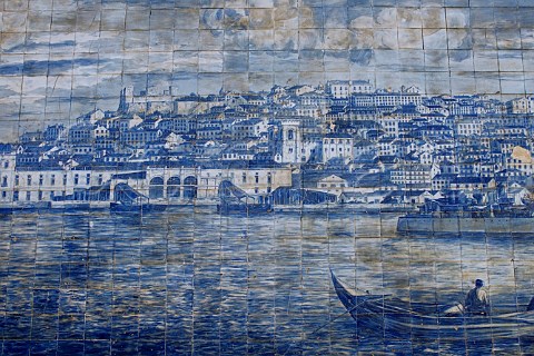 Traditional Azulejos blue tiles showing a cityscape   of Lisbon Alfama Old Lisbon Portugal
