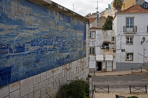 Traditional Azulejos blue tiles showing a cityscape   of Lisbon Alfama Old Lisbon Portugal