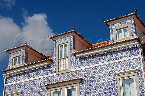 Traditional azulejos blue tiled building Cascais   near Lisbon Portugal
