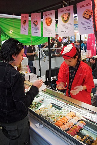 Japanese sushi stall at Greenwich covered market  Greenwich London England
