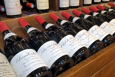 Selection of Domaine Leroy Grand Cru Burgundy wines on display in JeanLuc Aegerter wine shop Rue Carnot Beaune Cte dOr France
