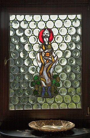 Stained glass window depicting Saint Urban in the   tasting room of Weingut St UrbansHof Leiwen   Germany   Mosel