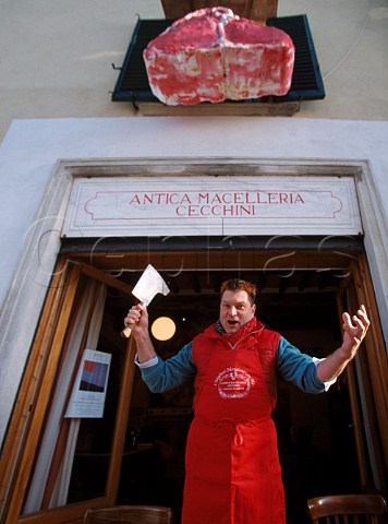 Dario Cecchini outside his butchers shop Antica Macelleria Cecchini Panzano in Chianti Tuscany Italy