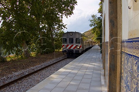 The Douro valley train arriving at Ferrao Station the stop for Quinta do Crasto Portugal