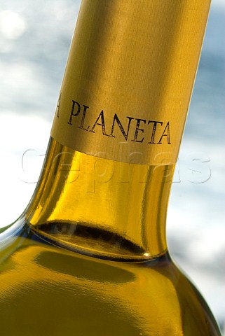 Sunlit bottle of Planeta Alastro Sicilian white wine